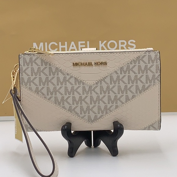 MICHAEL KORS LG DOUBLE ZIP WALLET LIGHT CREAM MULTI Crocodile Leather Snakeskin - Picture 3 of 14